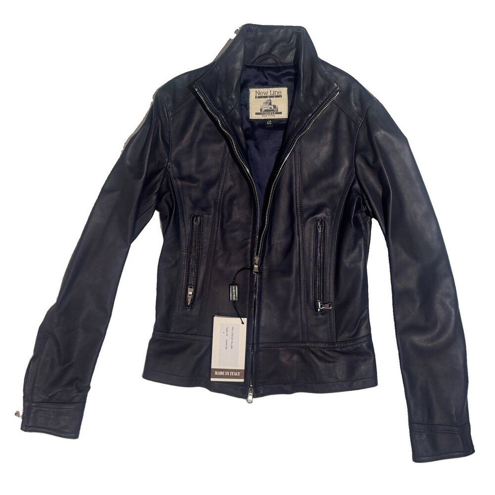 VTG Italian New Line Vinci Firenze Navy Leather Moto Jacket Women’s XS/40/4 NWT